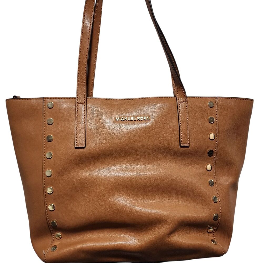 Michael Kors Brown Leather Studded Tote Shoulder Bag Gold Hardware